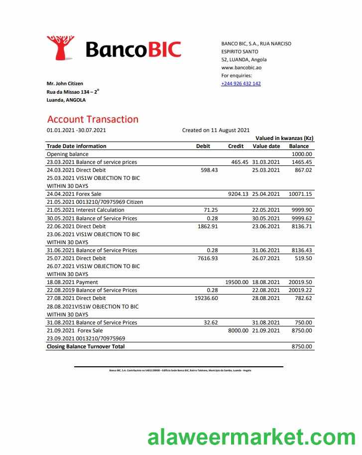 Angola Banco BIC bank statement template in Excel and PDF format